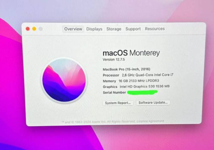 MacBook Pro (15-inch, 2016)TOUCHBAR 2.6GHz, Intel Core i7 ,256GB SSD, 16GB Ram - Silver