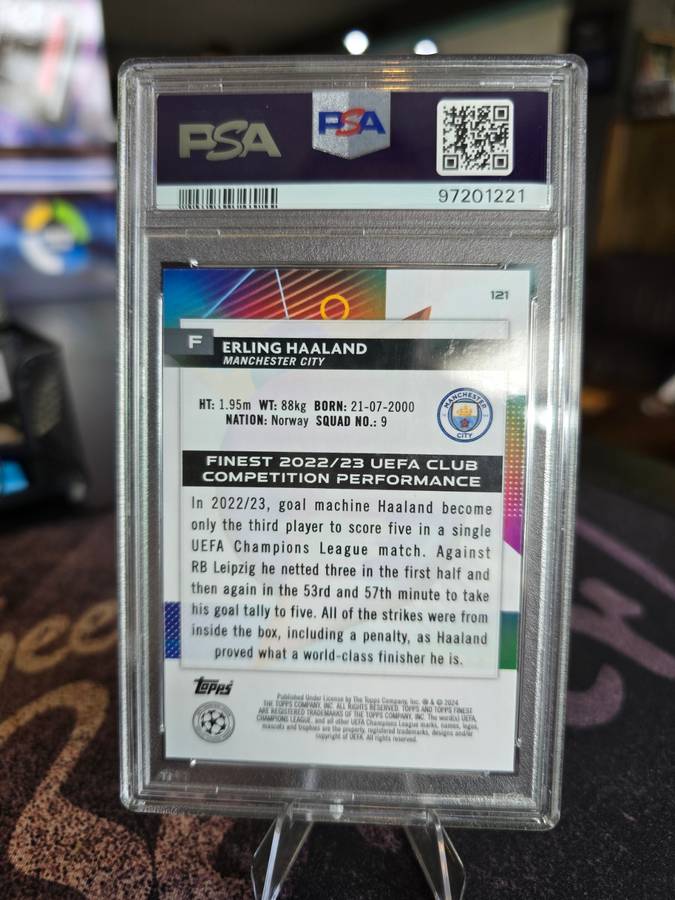 2023 2024 Topps Finest UCC Erling Haaland Sky Blue 062/275 PSA Mint 9 Manchester City