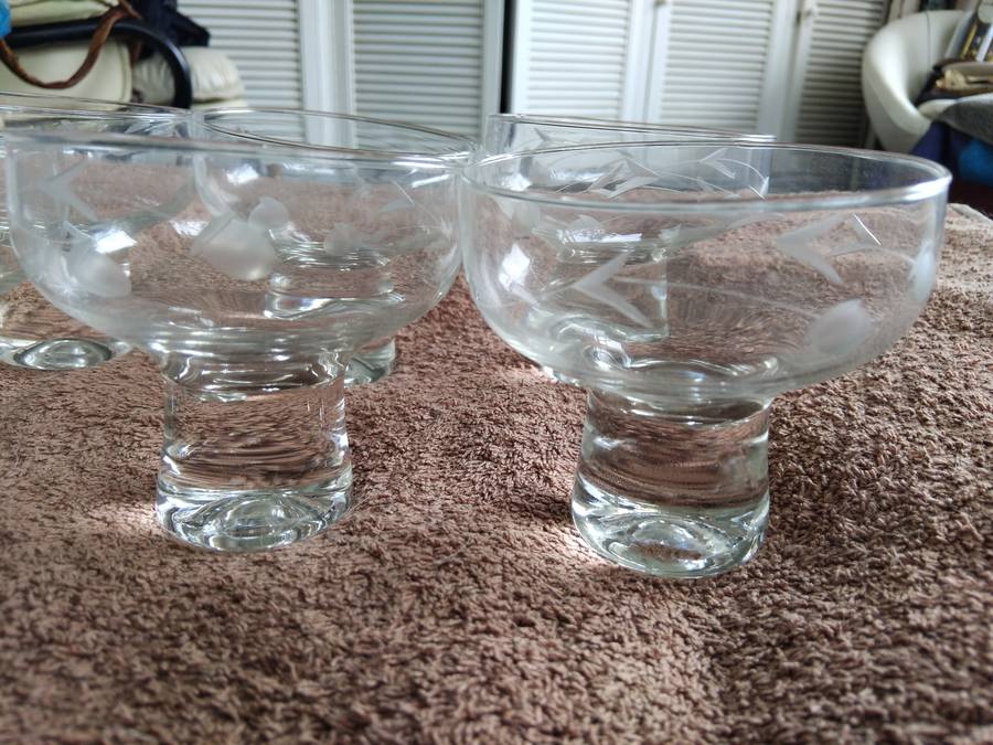Vintage Mid Century Glass Footed Bubble Pedestal Etched Couo Champagne Glasses