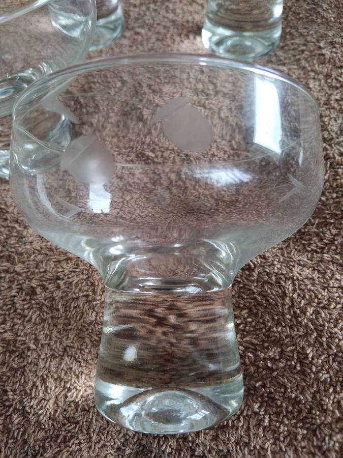 Vintage Mid Century Glass Footed Bubble Pedestal Etched Couo Champagne Glasses