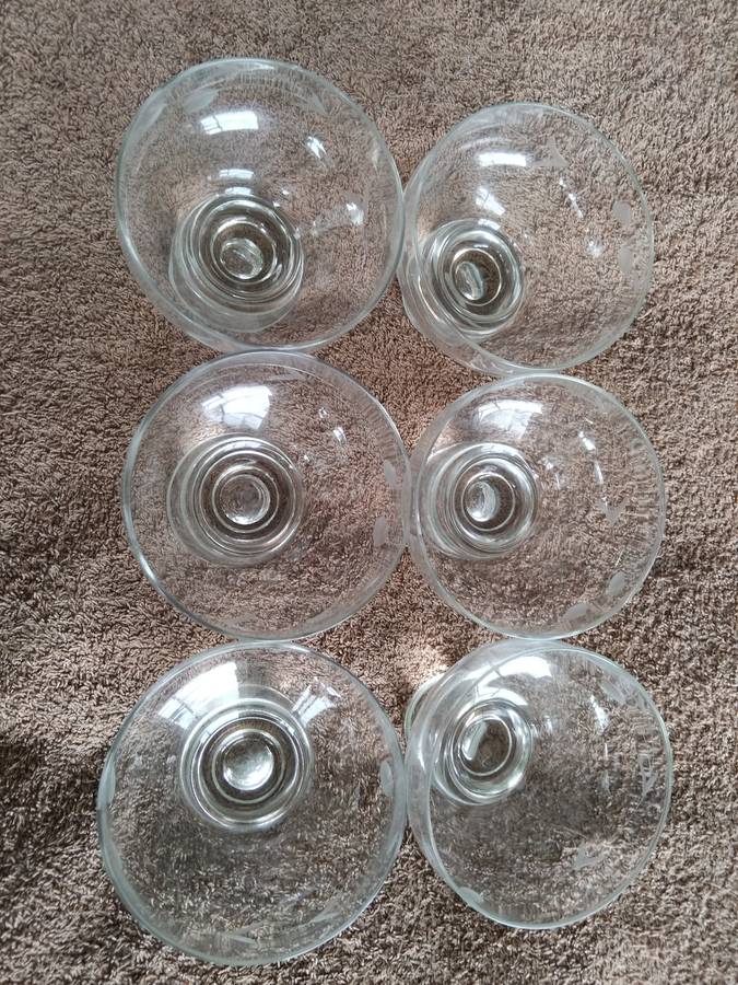 Vintage Mid Century Glass Footed Bubble Pedestal Etched Couo Champagne Glasses