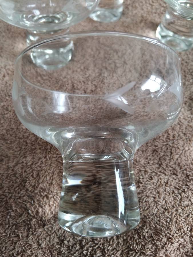 Vintage Mid Century Glass Footed Bubble Pedestal Etched Couo Champagne Glasses