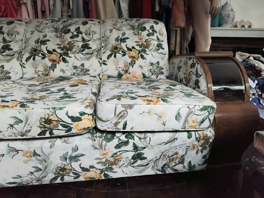 Antique Complete Art Deco Lounge Suite 3 Seater 2 Chairs With Glass Shelving In Arm Rests