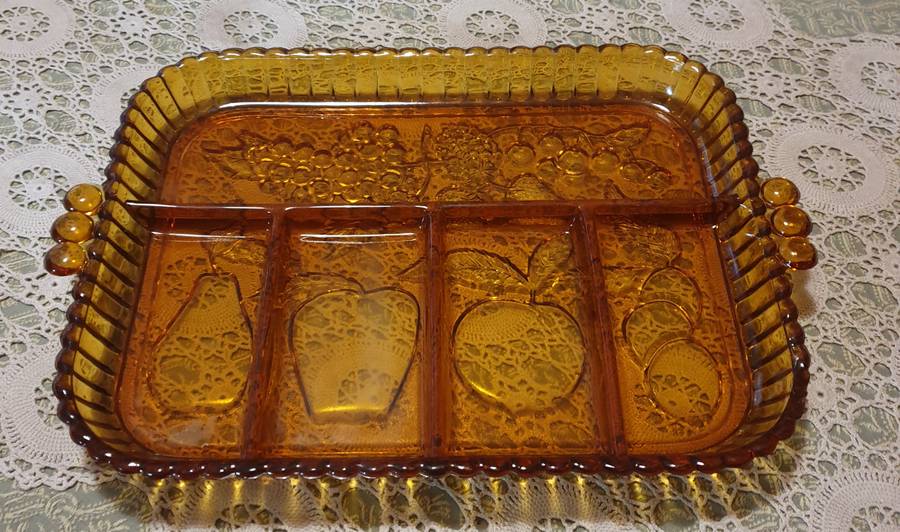 Vintage Indiana Amber Carnival Glass Relish / Platter Divided Tray, Fruit Pattern