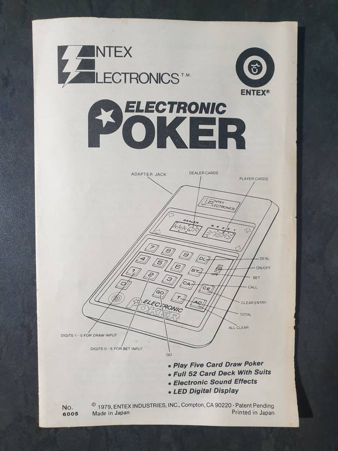 Entex Electronics Handheld Electronic Poker Game 1979 Vintage