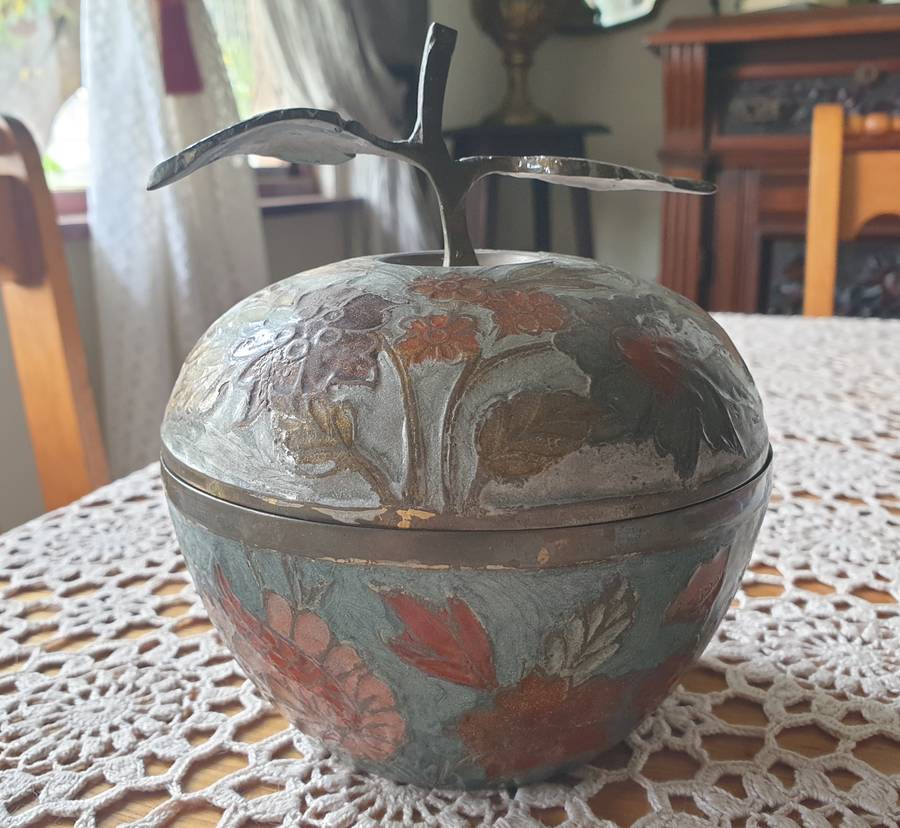 Vintage Brass apple " cloisonne style with colorful flowers