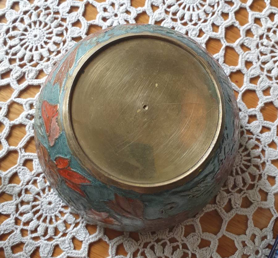 Vintage Brass apple " cloisonne style with colorful flowers