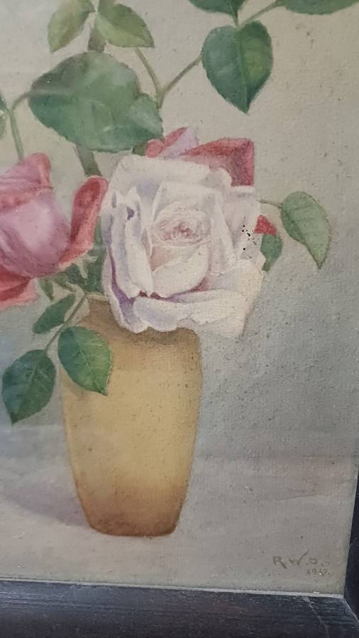 Antique 1917 R.W.D. Watercolor Painting  Roses in Vase  Vintage Wooden Frame with Glass