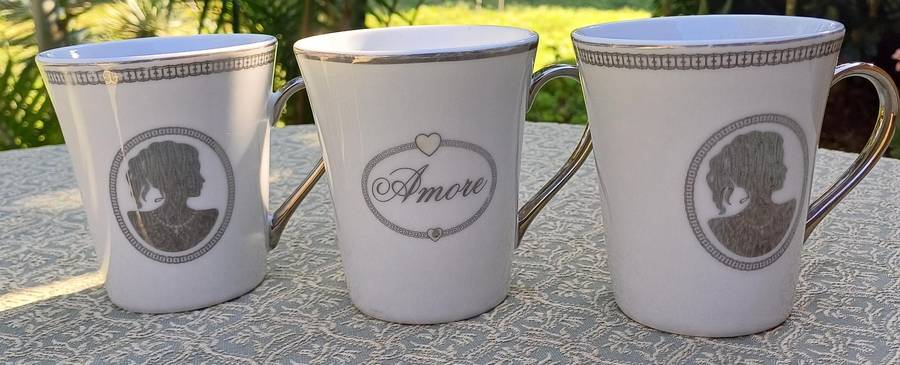 Set of 3 Coffee Cups  @Home White with Silver Trim