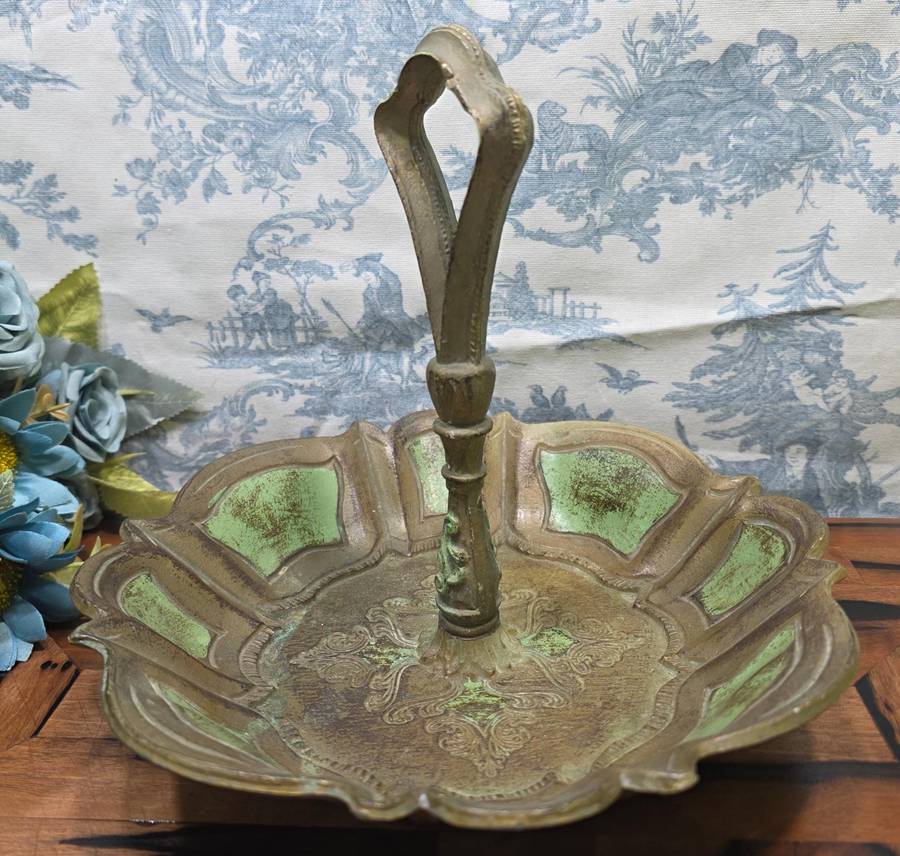 Vintage Florentine Green & Gold Decorative Bowl with Handle  Made in Italy