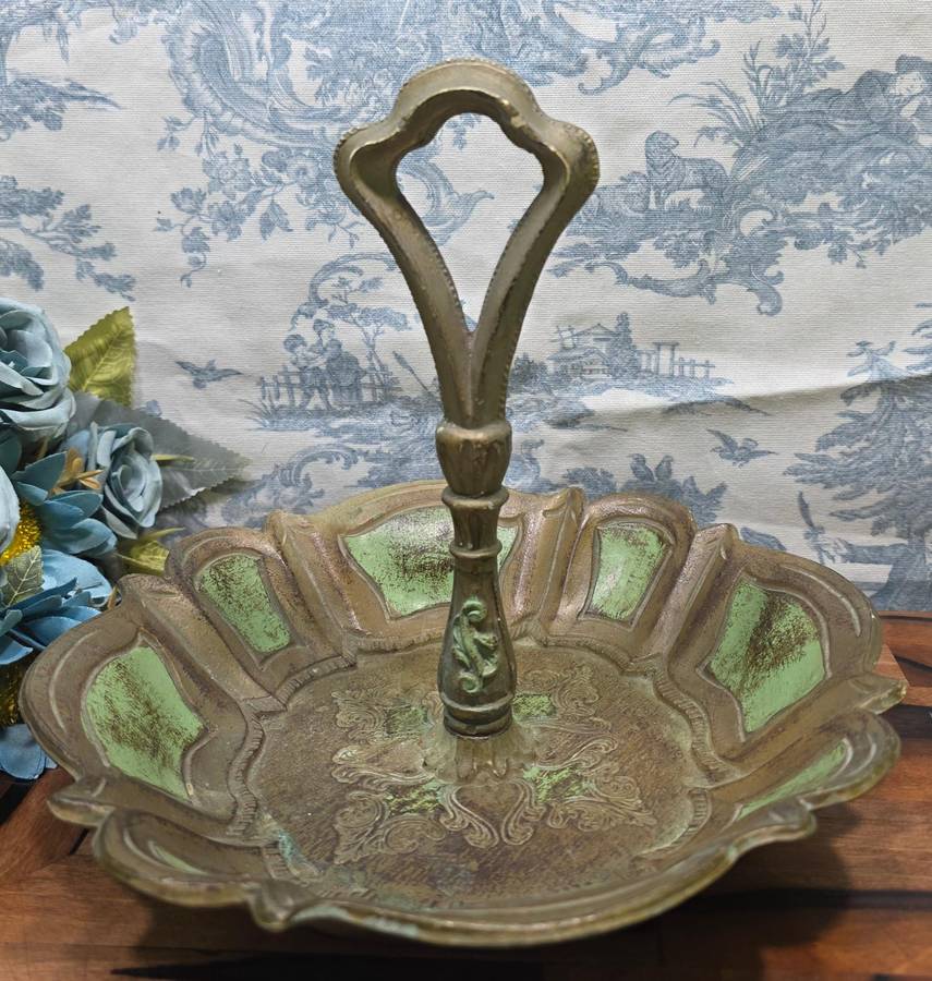 Vintage Florentine Green & Gold Decorative Bowl with Handle  Made in Italy