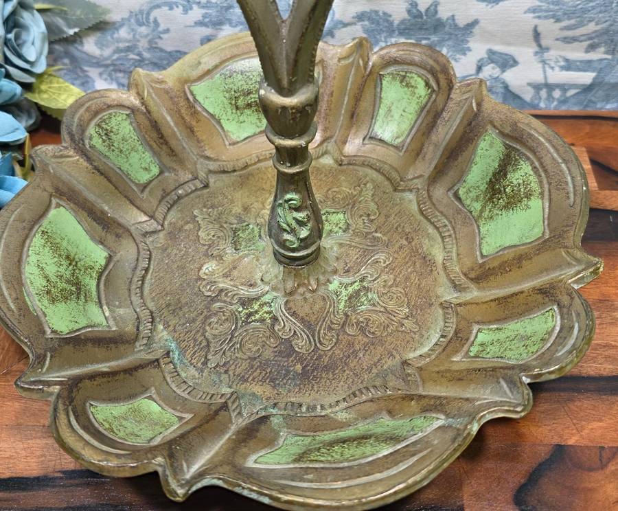 Vintage Florentine Green & Gold Decorative Bowl with Handle  Made in Italy