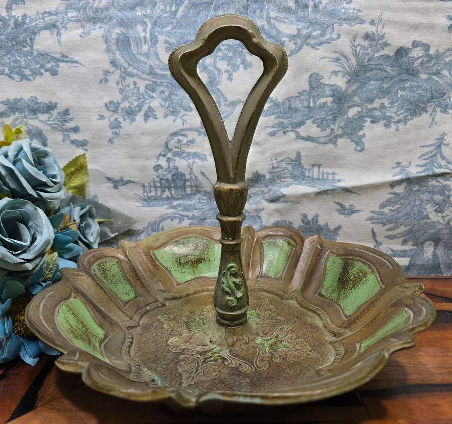 Vintage Florentine Green & Gold Decorative Bowl with Handle  Made in Italy