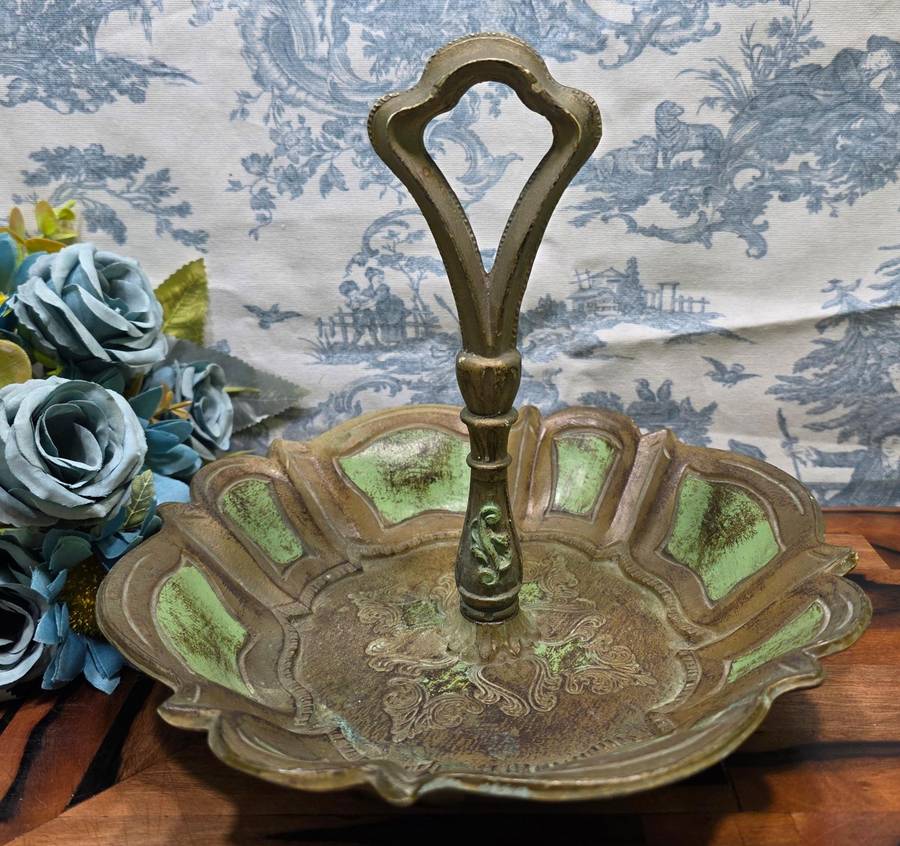 Vintage Florentine Green & Gold Decorative Bowl with Handle  Made in Italy