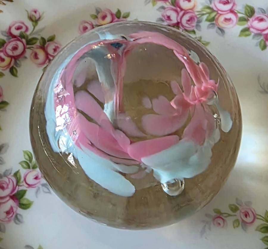 Vintage Blown Glass Paperweight White & Pink with Bubbles