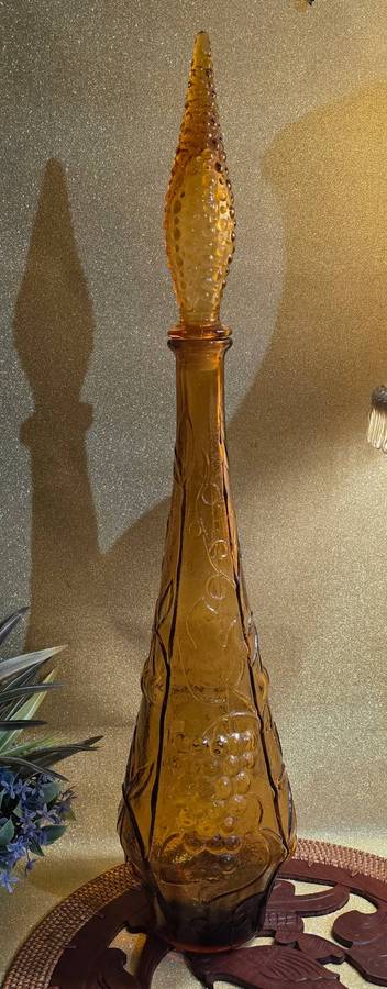 Mid-Century |  Italian Empoli `Genie`  | Amber Pressed Glass Decanter Bottle |  1960's | 02 |