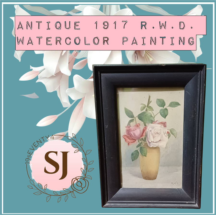 Antique 1917 R.W.D. Watercolor Painting  Roses in Vase  Vintage Wooden Frame with Glass