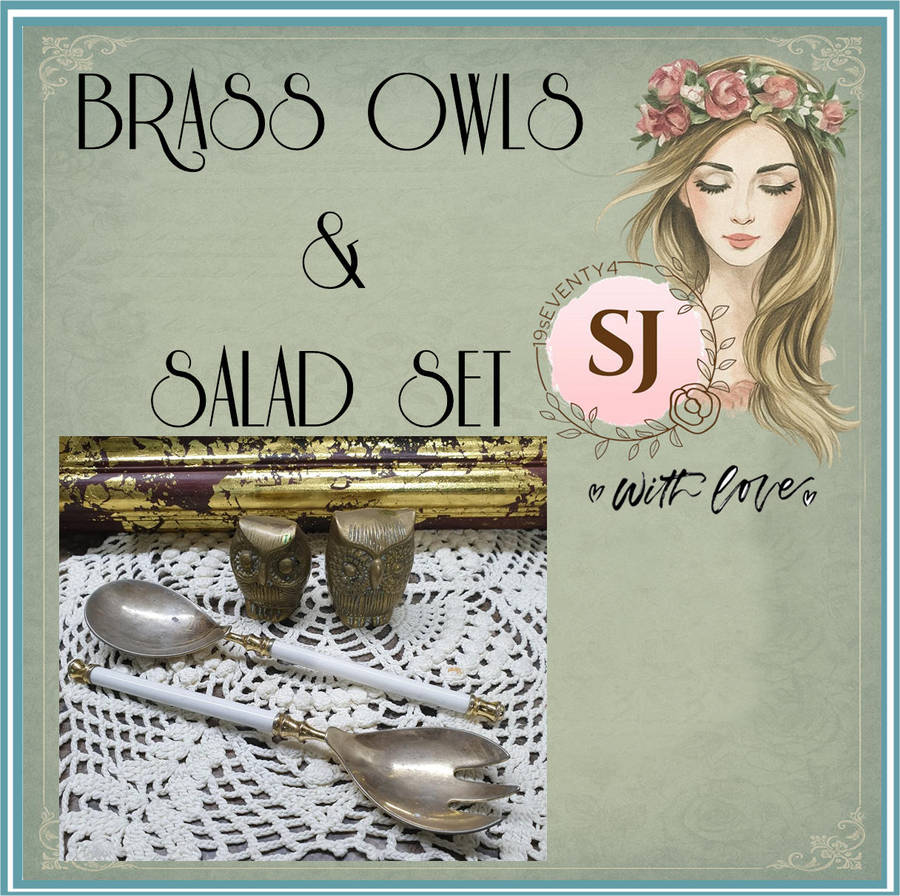 BRASS OWLS AND SALAD SET