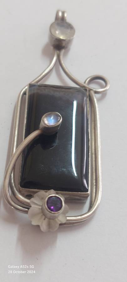 Amazing extra large sterling silver agate, moonstone & amethyst pendant 28.8g