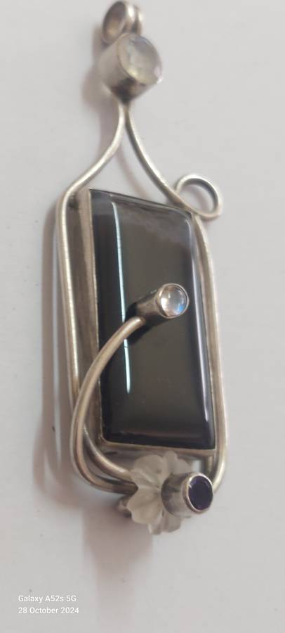 Amazing extra large sterling silver agate, moonstone & amethyst pendant 28.8g