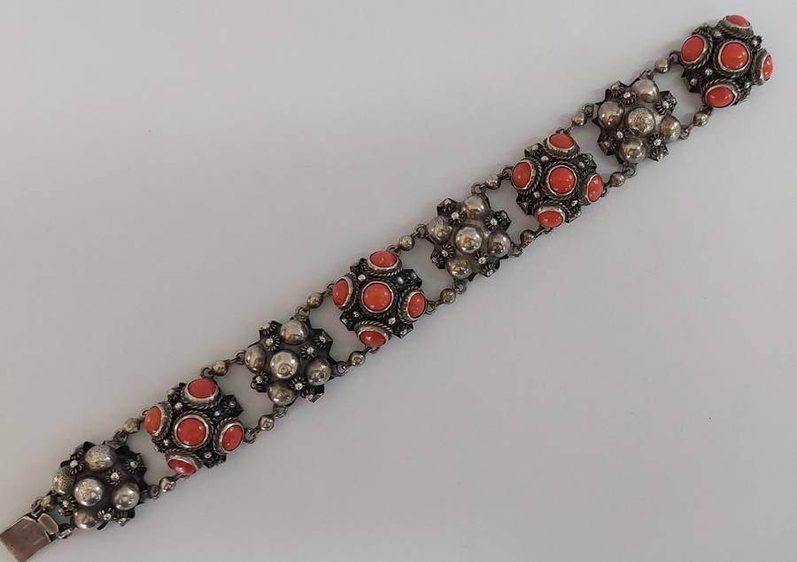 19th century Italian 800 Etruscan silver & coral bracelet