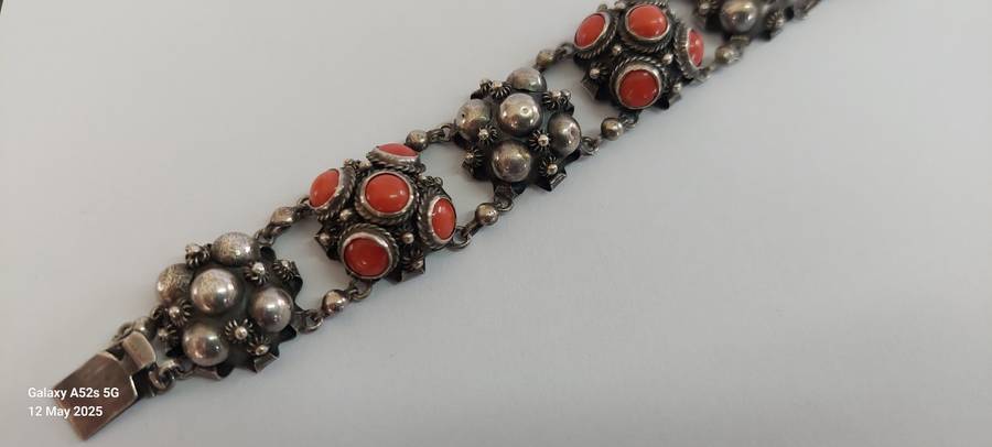 19th century Italian 800 Etruscan silver & coral bracelet