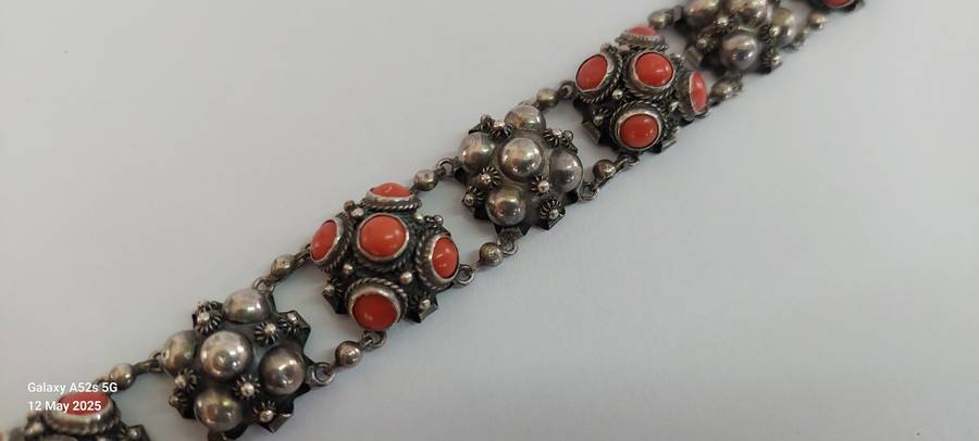 19th century Italian 800 Etruscan silver & coral bracelet