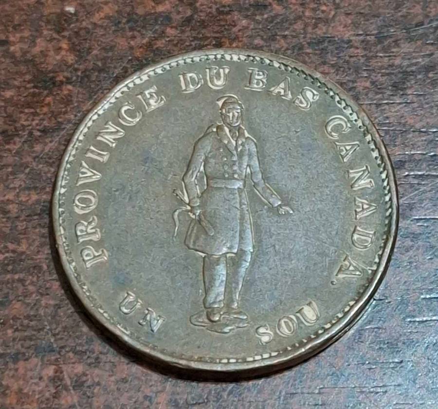1837 LOWER CANADA ONE PENNY BANK HABITAT TOKEN LC-8B QUEBEC BANK ON RIBBON
