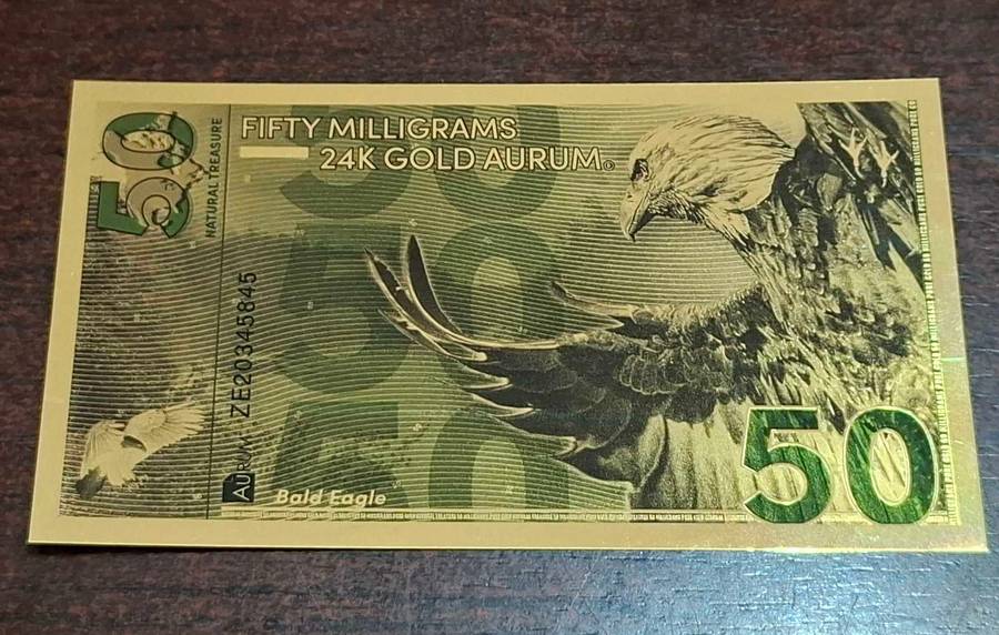 50mg .999 Fine Gold North American Bald Eagle Aurum 24K 0.05 Gram Note