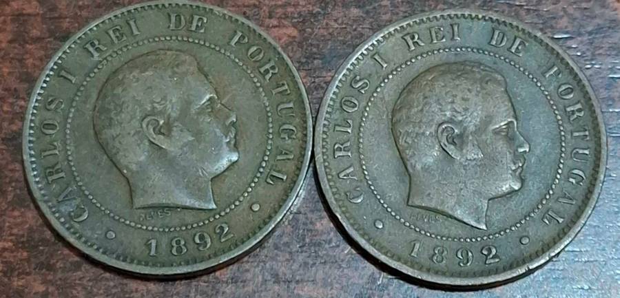 1892 two 10 Reis coins from Portugal