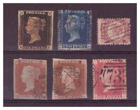 Great Britain - Penny Black 1840,No1, Penny Blue 1858 No45, three Penny Reds 1858 & half penny rose