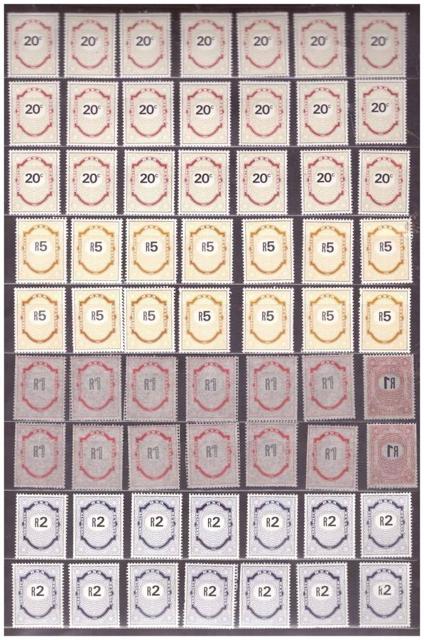 South Africa 1978 to 1998 - 63 Revenue Stamps, Values: 20 cents, R1 printed both sides, R2 & R5