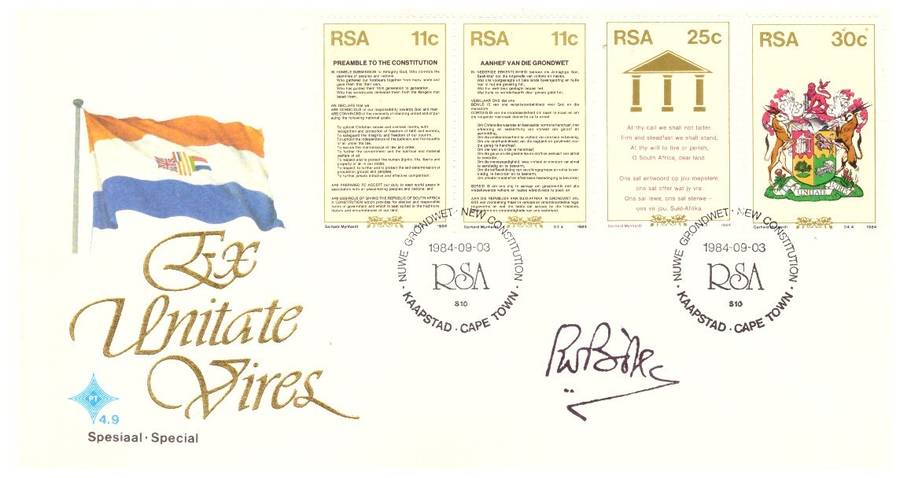 RSA no 4.9 special - 1984  FDC signed by President PW Botha