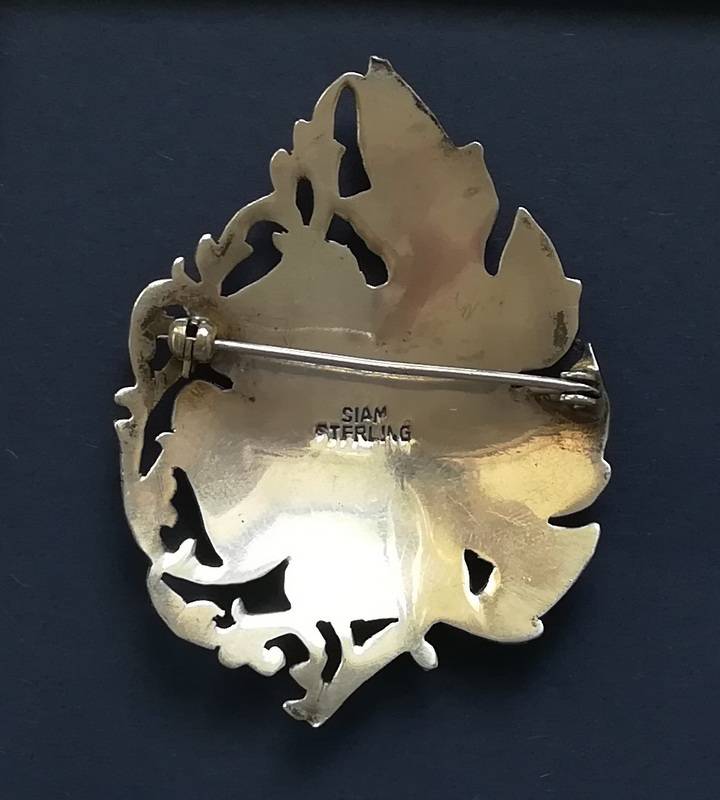 SIAM STERLING SILVER + ENAMEL BROOCH 40X55MM 8 GRAMS