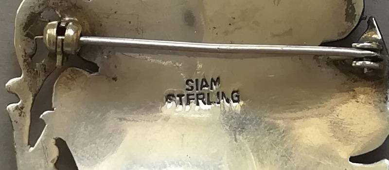 SIAM STERLING SILVER + ENAMEL BROOCH 40X55MM 8 GRAMS