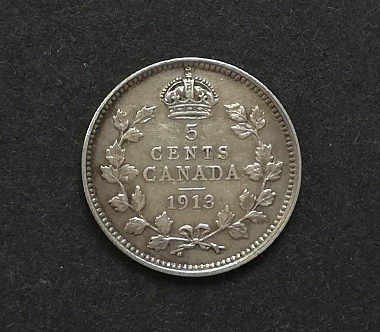 CANADA 1913 SILVER 5 ENTS *CLEANED*