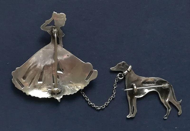 CANDIDA STERLING SILVER *LADY WITH DOG* BROOCH 45X45 + 30X30MMMM 15.9GRAMS