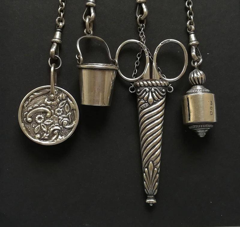 **RARE** STERLING SILVER BIRMINGHAM 1889 *SEWING CHATELAINE* 4 X CHAINS 70X100X300MM 127 GRAMS