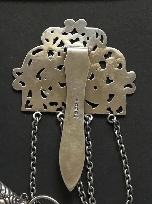 **RARE** STERLING SILVER BIRMINGHAM 1889 *SEWING CHATELAINE* 4 X CHAINS 70X100X300MM 127 GRAMS
