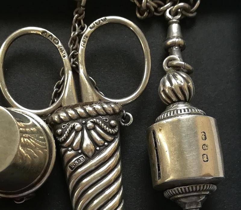 **RARE** STERLING SILVER BIRMINGHAM 1889 *SEWING CHATELAINE* 4 X CHAINS 70X100X300MM 127 GRAMS