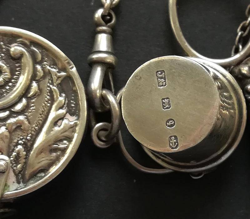 **RARE** STERLING SILVER BIRMINGHAM 1889 *SEWING CHATELAINE* 4 X CHAINS 70X100X300MM 127 GRAMS