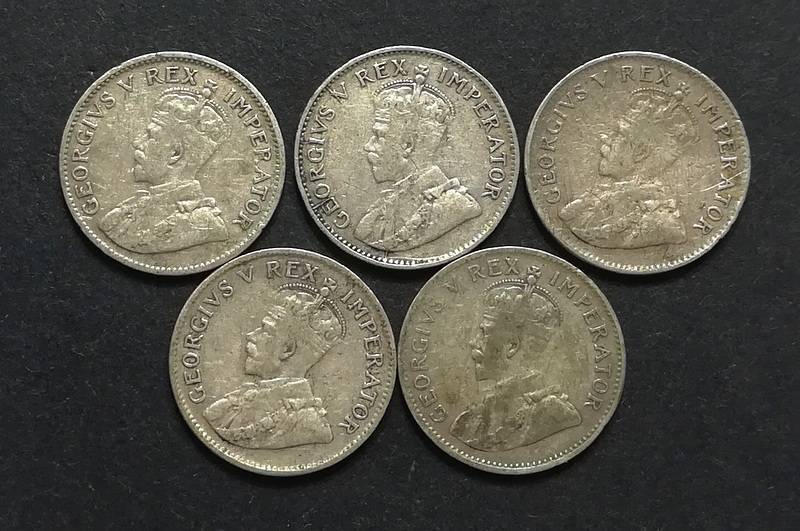 UNION 1932+1933+1934+1935+1936 3 PENCE (5 COINS)