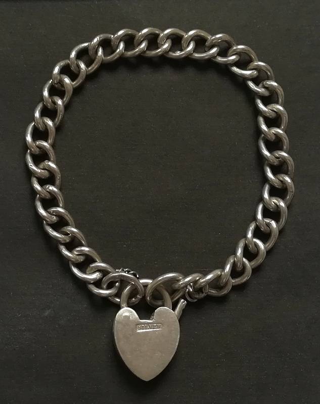 STERLING SILVER CHARM BRACELET WITH  HEART LOCK 180MM 18.1 GRAMS