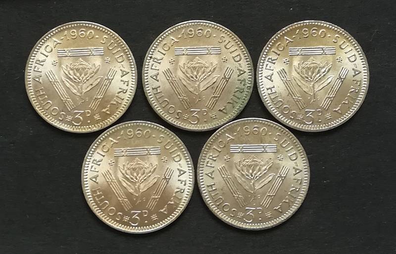 UNION 1960 3 PENCE  **EXCELLENT** (5 COINS)