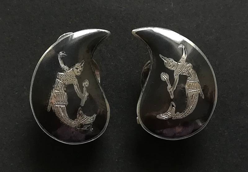 SIAM STERLING SILVER + ENAMEL EARRINGS 5.7G 15X20MM