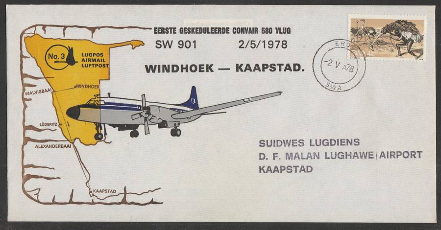AVIATION 1978 SOUTH WEST AIRWAYS COVER #3 - 1ST SCHEDULED CONVAIR 580 FLIGHT WINDHOEK TO CAPE TOWN
