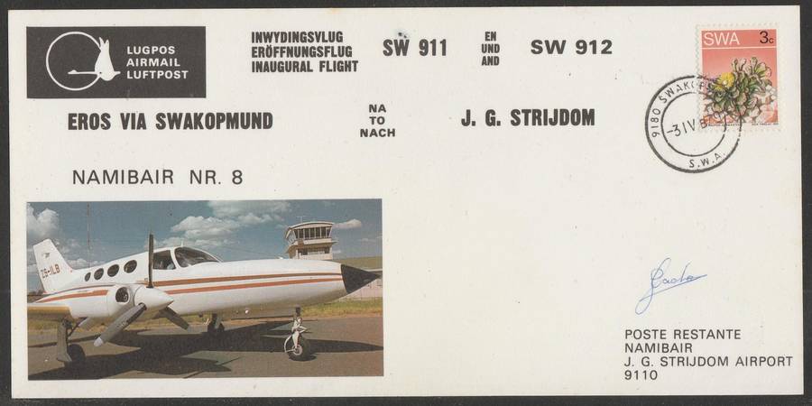 AVIATION 1979 NAMIB AIR SIGNED CARD #8 - INAUGURAL FLIGHT SWAKOPMUND TO JG STRYDOM