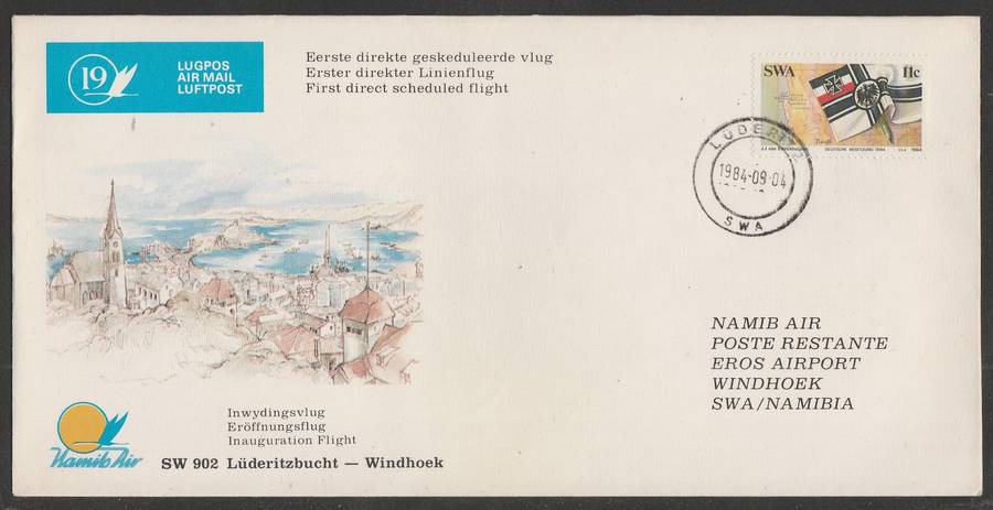 AVIATION 1984 NAMIB AIR COVER #19 - FIRST DIRECT SCHEDULED FLIGHT LUDERITZBUCHT TO WINDHOEK