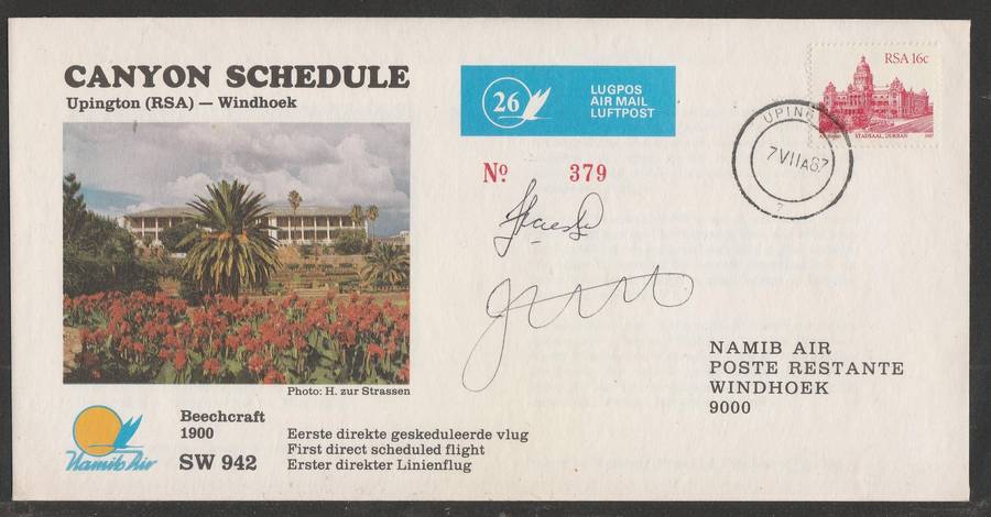 AVIATION 1987 NAMIB AIR SIGNED COVER #26 - FIRST DIRECT SCHEDULED FLIGHT UPINGTON TO WINDHOEK