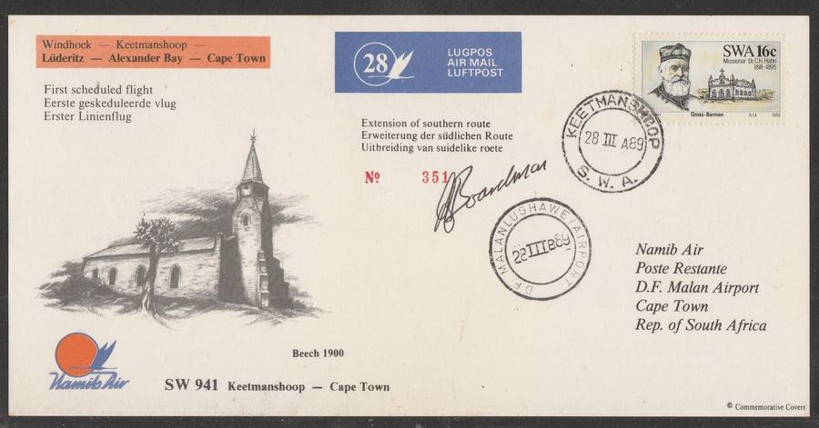 AVIATION 1989 NAMIB AIR SIGNED CARD #28 - FIRST SCHEDULED FLIGHT KEETMANSHOOP TO CAPE TOWN
